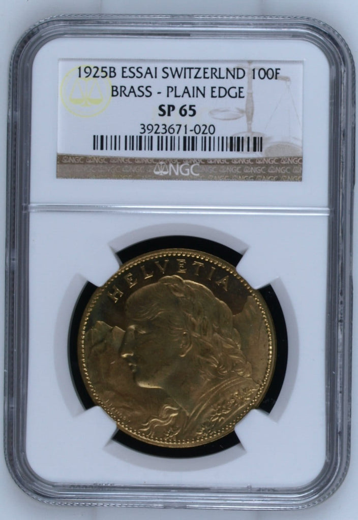 1925B年 スイス 100フラン真鍮貨 ESSAI ブレネリ プレーンエッジ NGC SP65