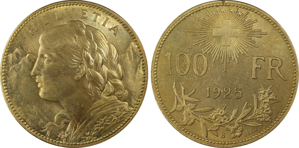 1925年 スイス "ブレネリ" 100フラン 試鋳貨 真鍮製 PCGS SP64