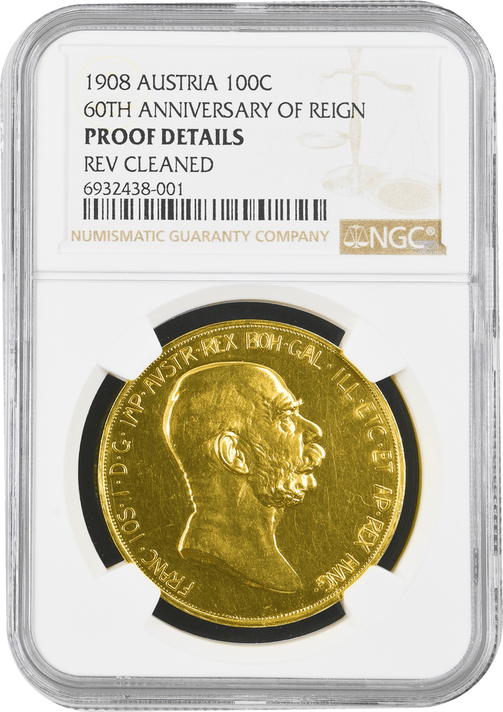 1908年 オーストリア フランツ・ヨーゼフ1世 100コロナ金貨 雲上の女神 PROOF DETAILS