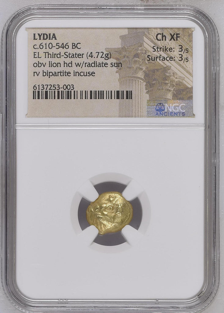 古代リディア王国 紀元前610-546年頃 1/3ステーター金貨 NGC Ch XF Strike: 3/5 Surface: 3/5