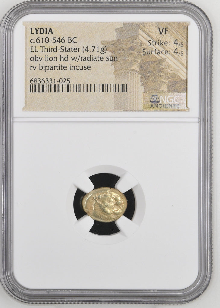 紀元前610-546年 古代リディア王国 アリアッテス クロイソス 1/3ステーター金貨 NGC VF Strike: 4/5 Surface: 4/5