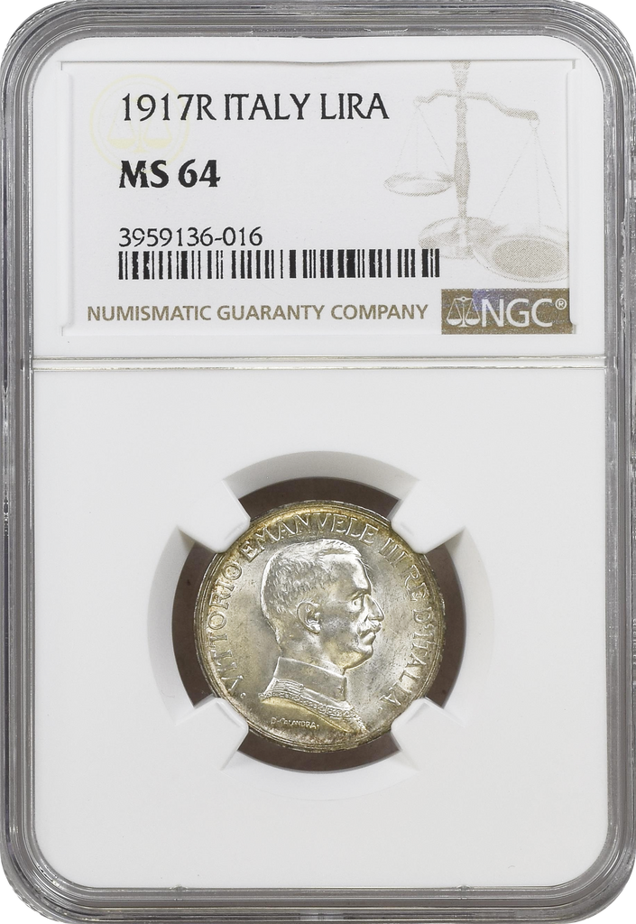 1917年 イタリア ヴィットーリオ・エマヌエーレ3世 1リラ銀貨 NGC MS64