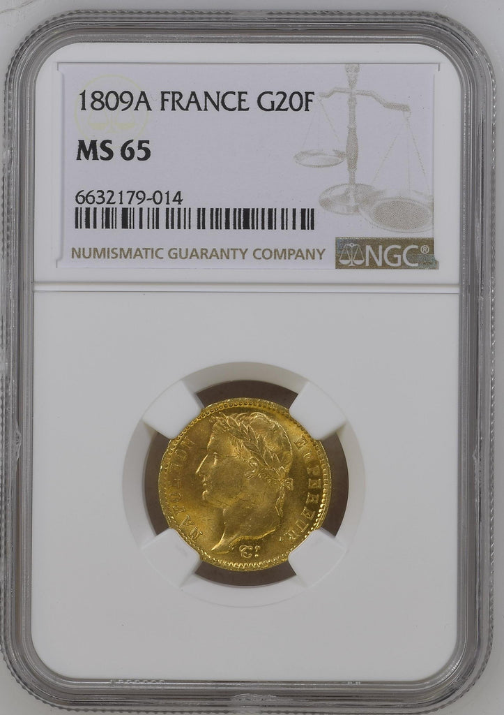 1809年A フランス ナポレオン1世 20フラン金貨 NGC MS65 Top Pop