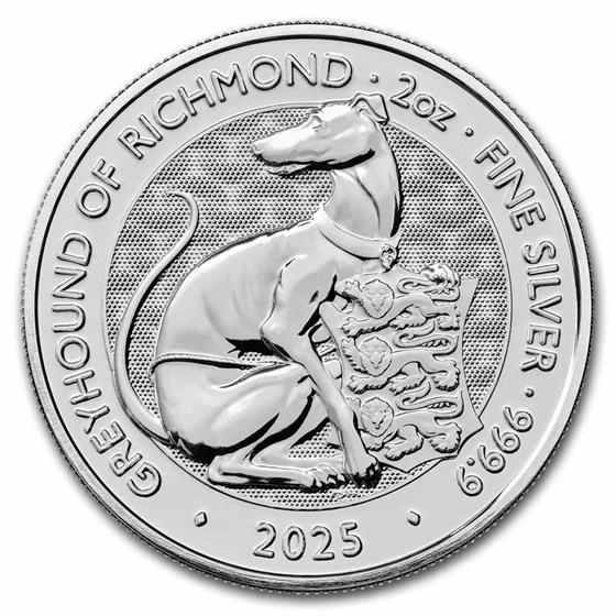 2025 GB 2 oz Silver Royal Tudor Beasts Greyhound of Richmond BU