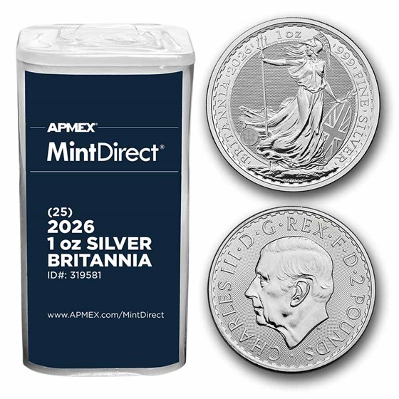 2026 Great Britain 1 oz Silver Britannia 25-Coin MintDirect® Tube