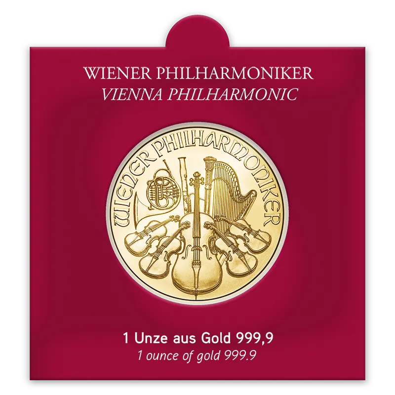 1 Ounce Gold Vienna Philharmonic Coin in Viewing Window Packing