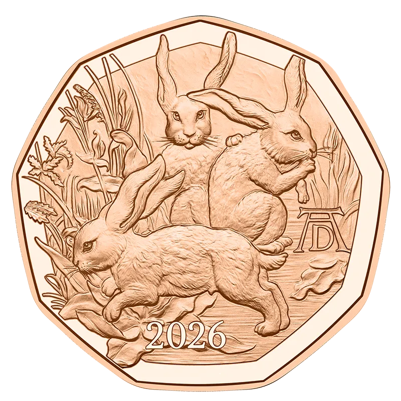 5 Euro Copper Dürer's Three Bunnies Coin Unc