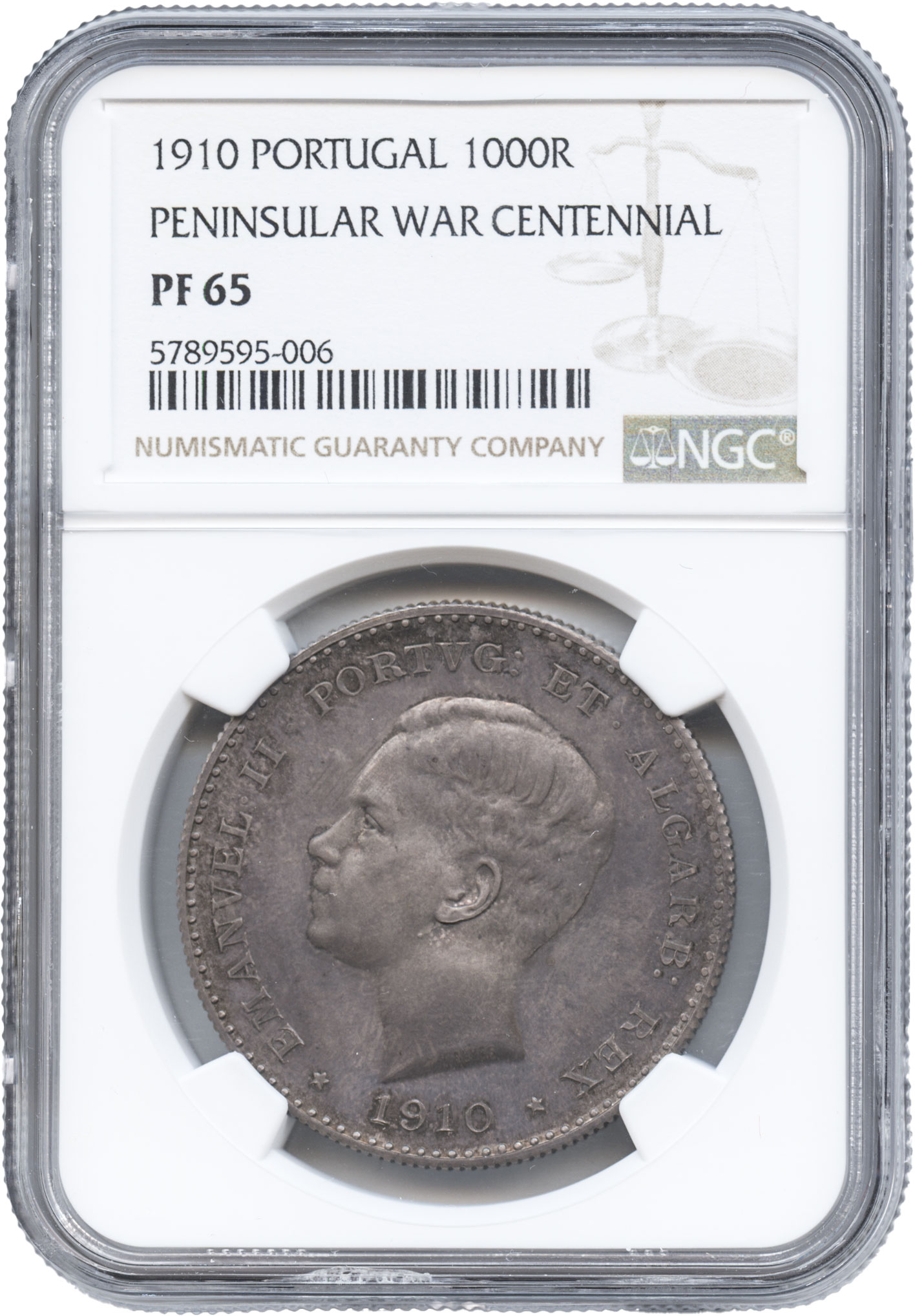 ポルトガル　1000レイス銀貨　1910　半島戦争100年記念　ポルトガル王マヌエル2世(1908-1910)　NGC-PF65　トーン・プルーフ・未使用品