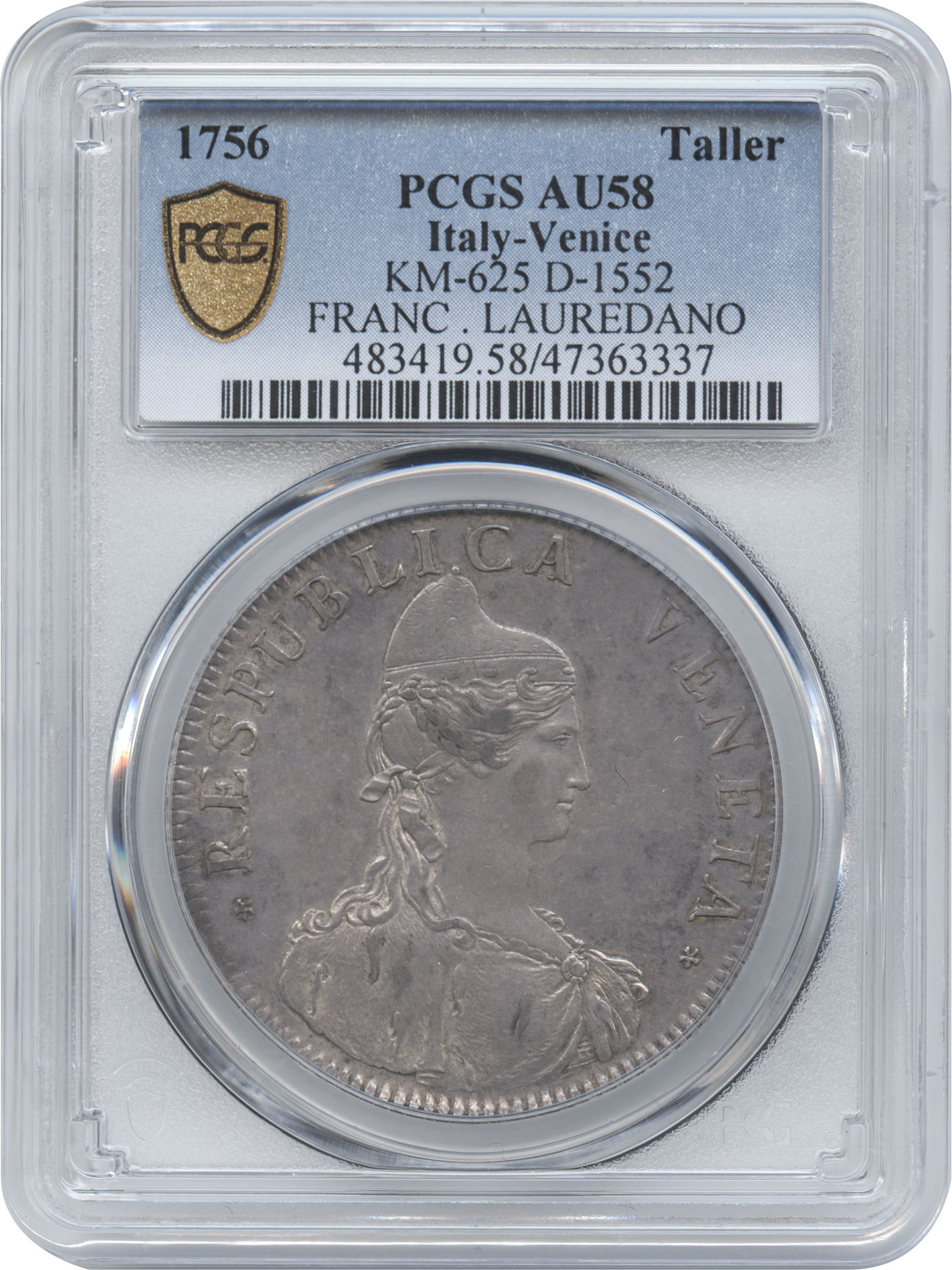 イタリア　ベニス　1タレロ銀貨　1756　NGC-AU58　トーン・極美品+ 【希少品】