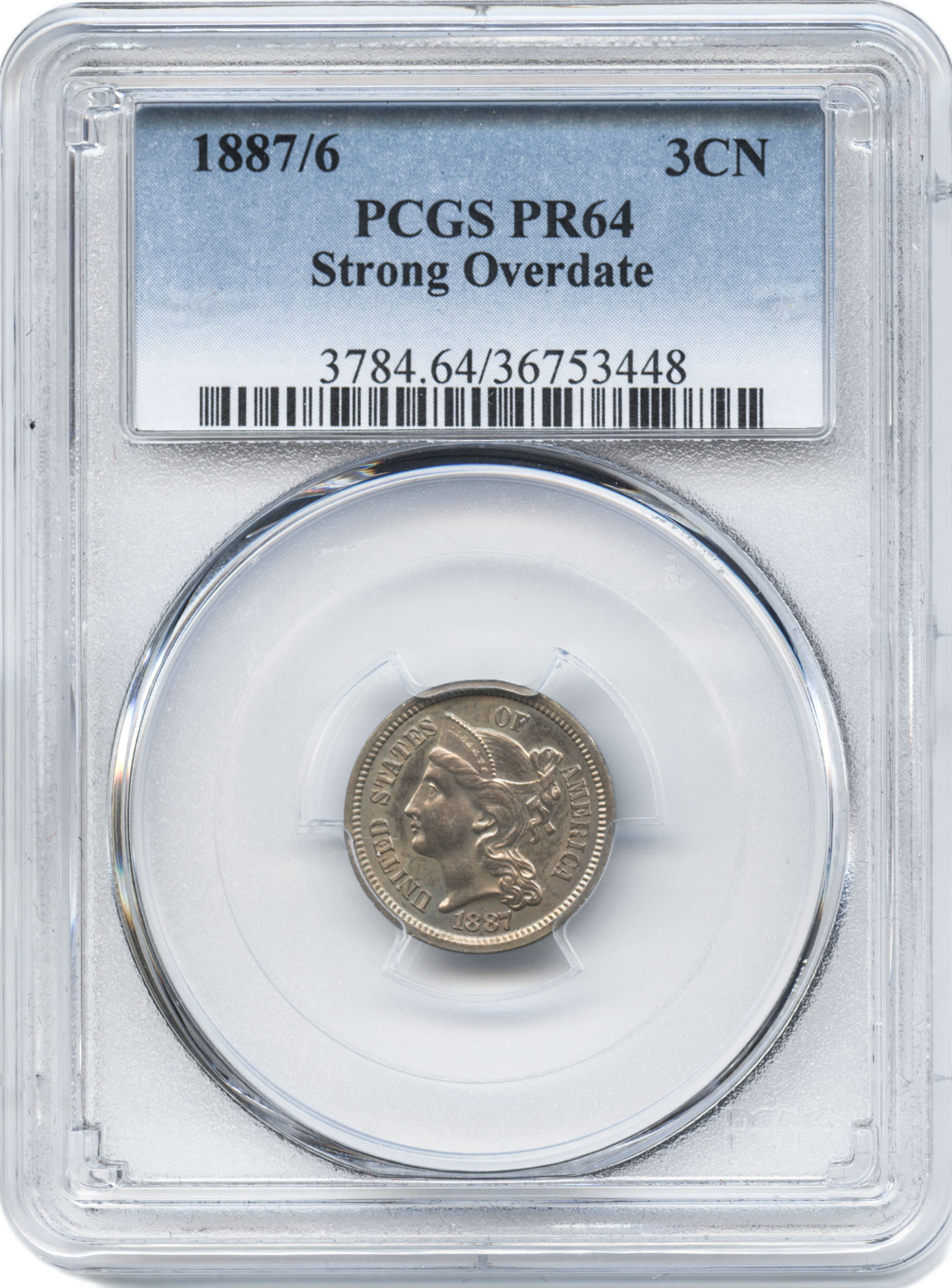 アメリカ　3セント白銅貨　1887/6　オーバーデート　コロネットヘッド　 PCGS-PR64　プルーフ・完全未使用品