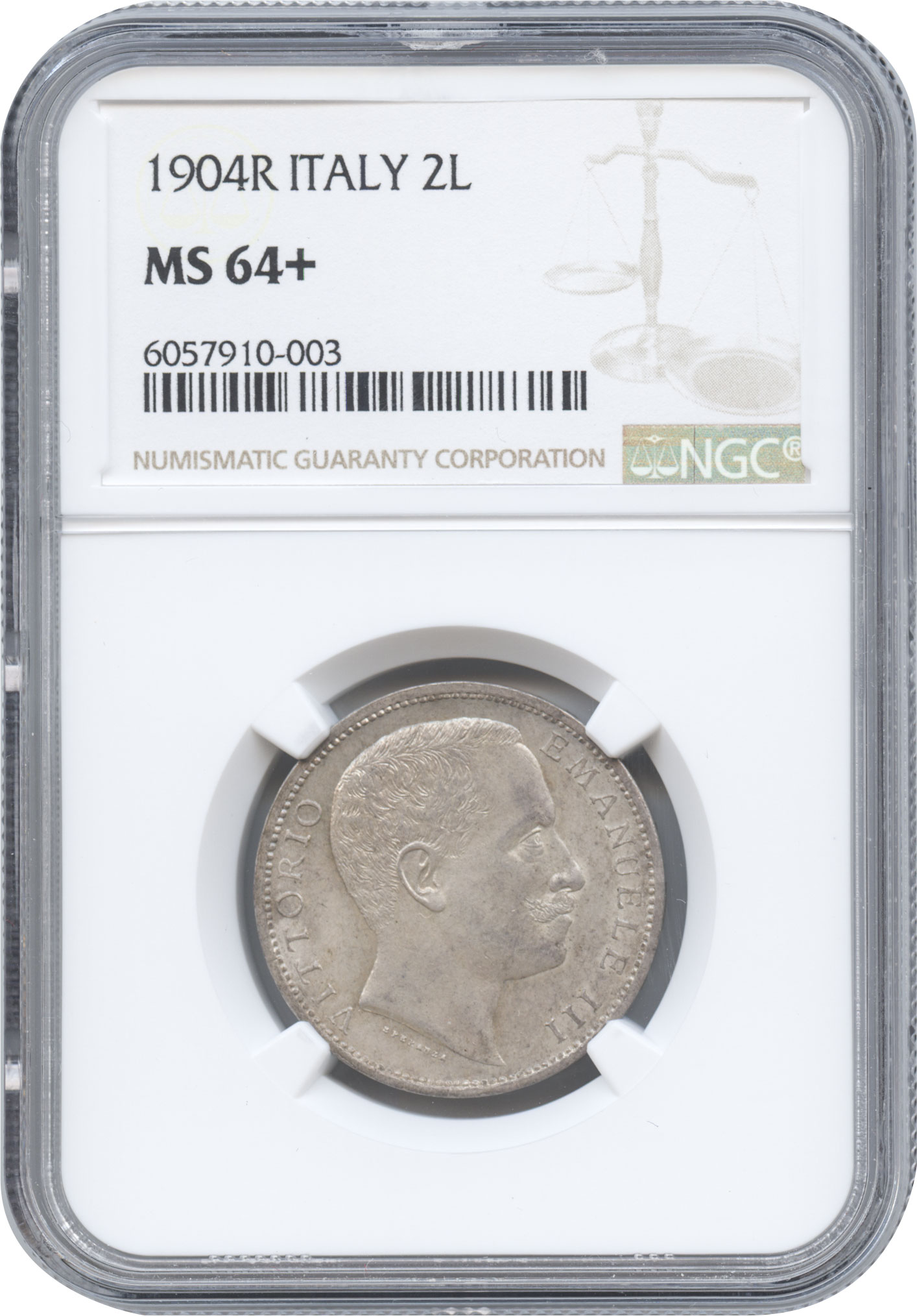 イタリア　2リレ銀貨　1904(R)　ヴィットリオ・エマヌエル3世(1900-1946)　NGC-MS64+　完全未使用品　【希少年号・希少品】