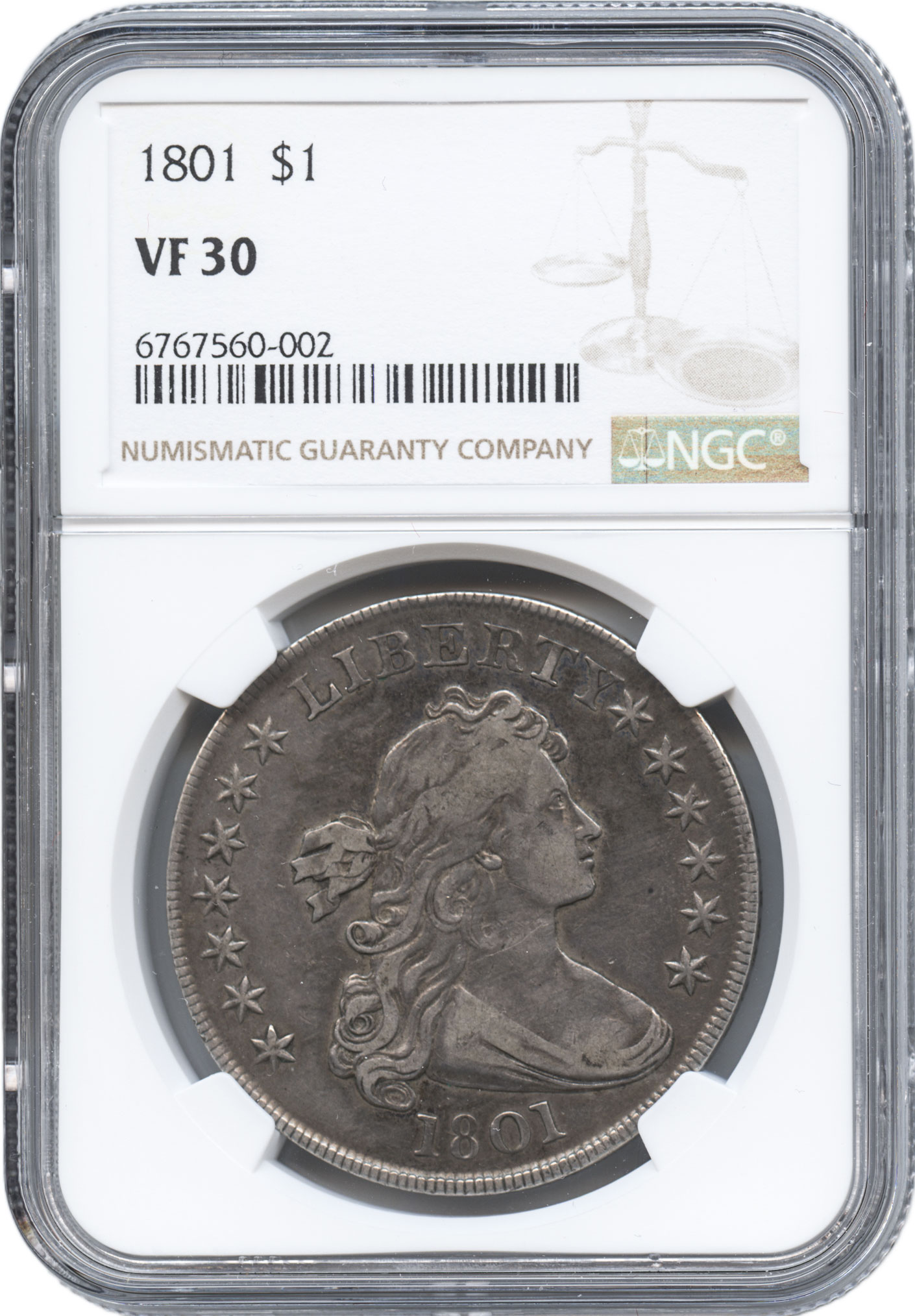 アメリカ　1ドル銀貨　1801　女神胸像　ドレープドバスト　NGC-VF30