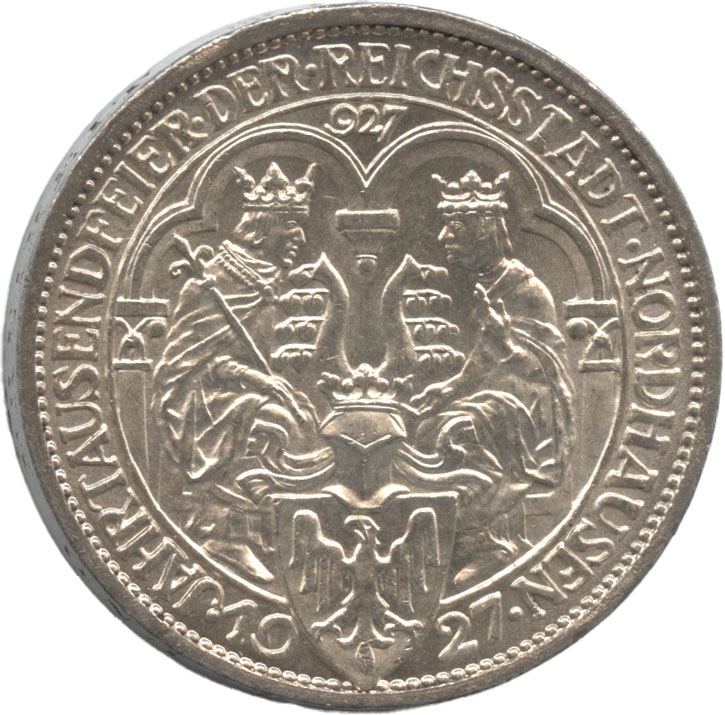 ドイツ　ワイマール共和国　3ライヒスマルク銀貨　1927(A)　ノルトハウゼン1000周年　極美品+
