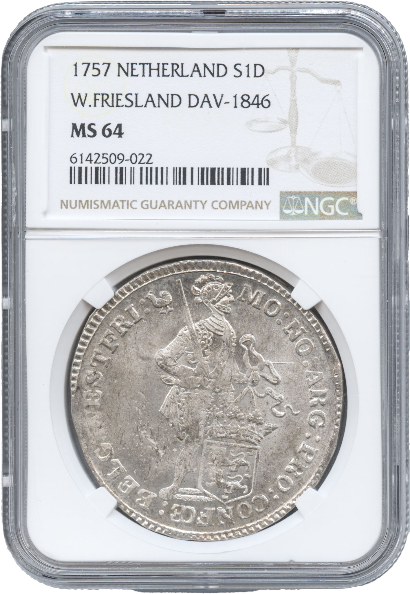 オランダ　ウェスト・フリースラント　1ダカット銀貨　1757　騎士立像　NGC-MS64　未使用品