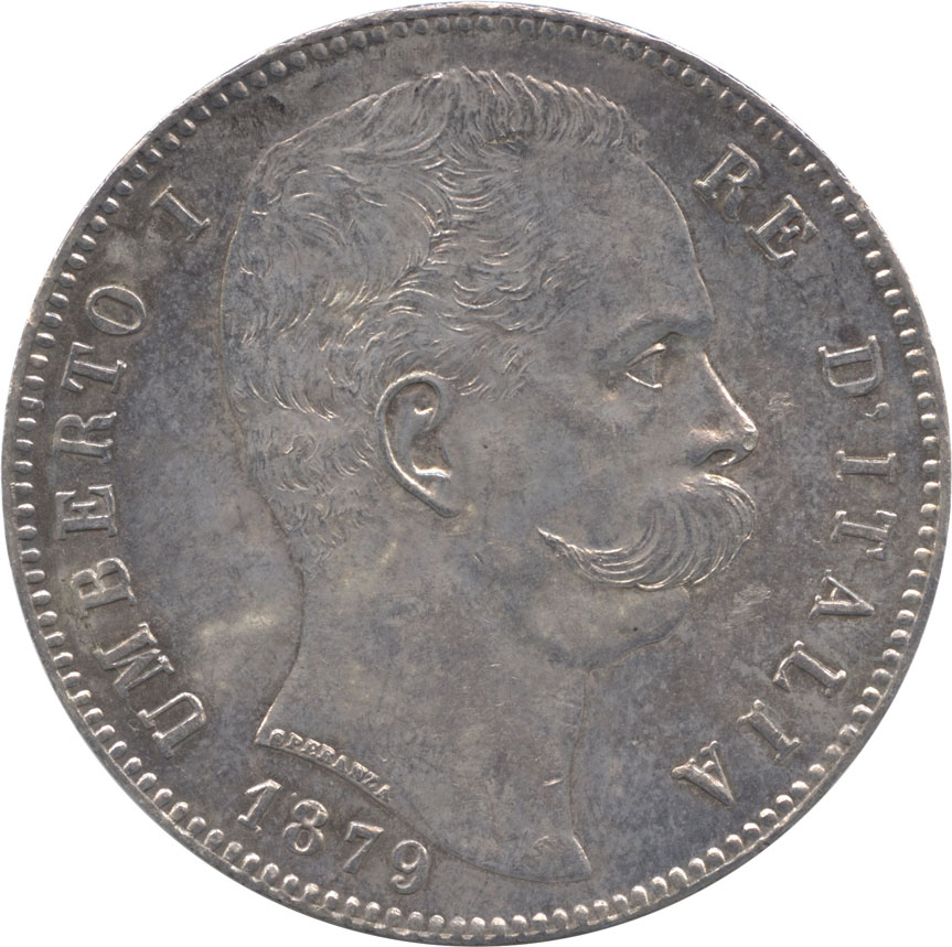 イタリア王国　５リレ銀貨　１８７９　ウンベルト１世（１８７８－１９００）　準未使用品～未使用品