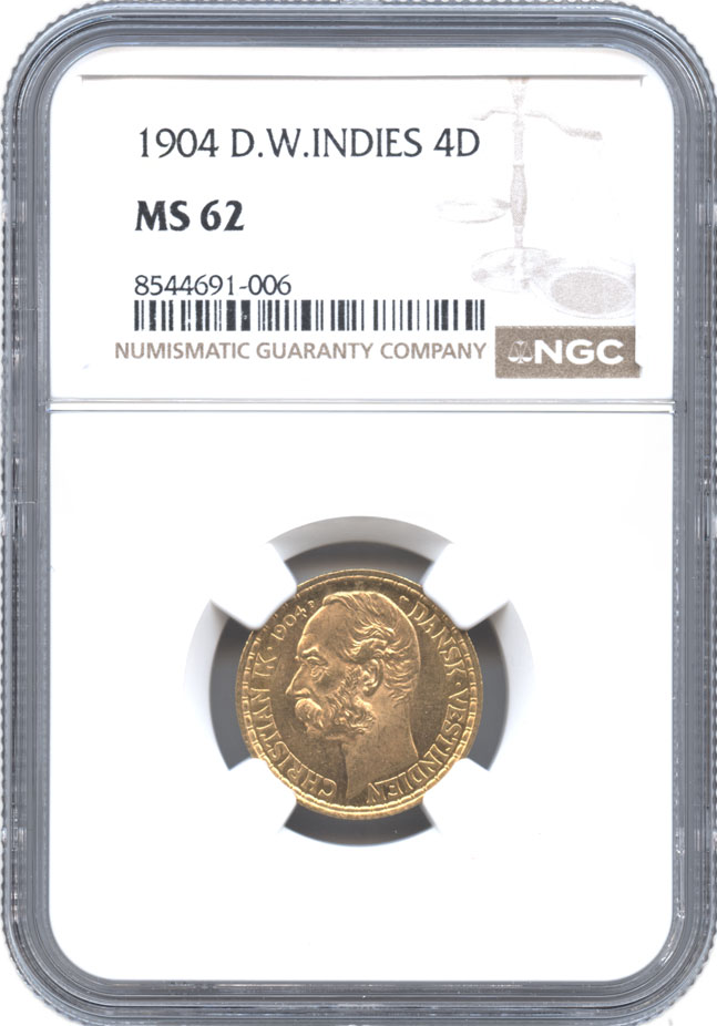 デンマーク領西インド諸島　4ダーレル/20フラン金貨　1904-P GJ　クリスチャン9世(1863-1906) NGC-MS62