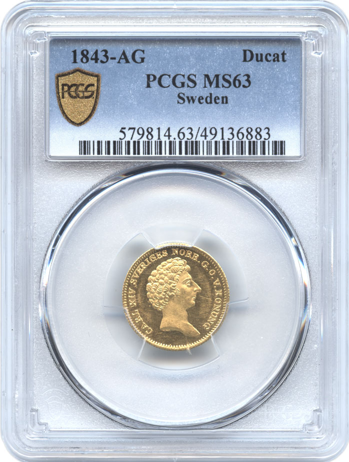 スウェーデン　1ダカット金貨　1843　スウェーデン王カール14世ヨハン(1818-1844)　NGC-MS63