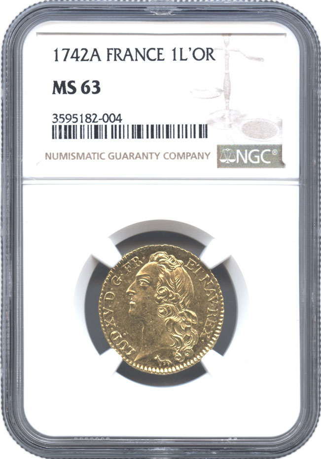 フランス　1ルイドール金貨　1742(A)　ルイ15世(1715-1774)　PCGS-MS63　未使用品