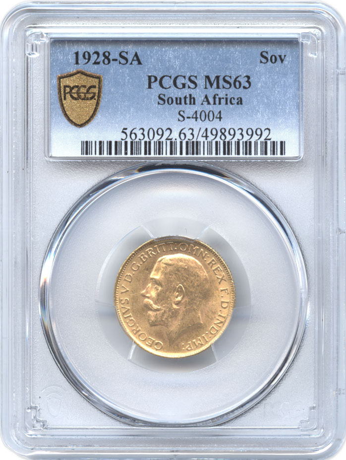 南アフリカ　1ソボレン金貨　1928(SA)　ジョージ5世(1910-1936)  PCGS-MS63 未使用品