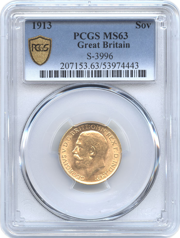 イギリス　１ソボレン金貨　１９１３　ジョージ5世(1910-1936)   PCGS-MS63　未使用品