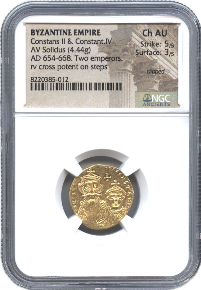 ビザンチン帝国　ソリダス金貨　N.D. (654-668)  コンスタンス2世(641ー668)   NGC-Ch AU Strike:5/5 Surface:3/5