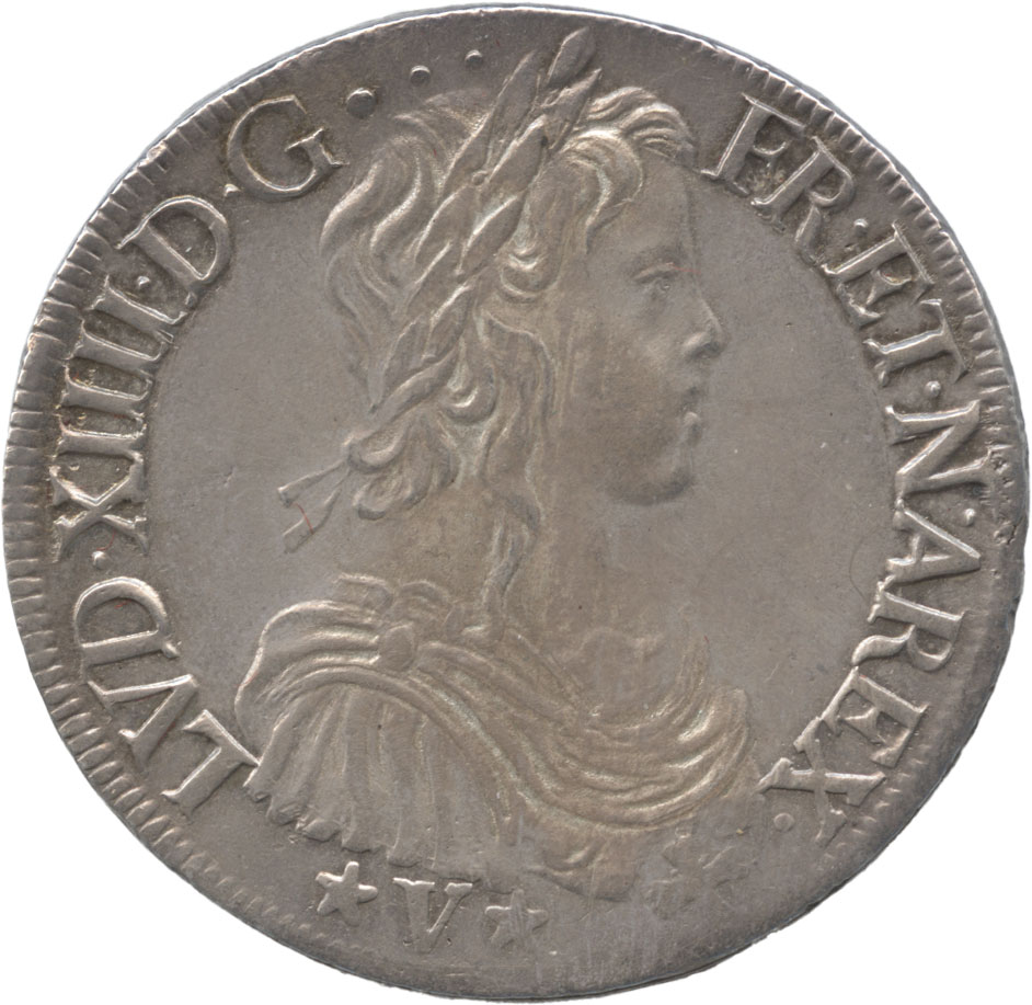 フランス　エキュー銀貨　1654　ルイ14世(1643-1715)　DAV3800 KM180