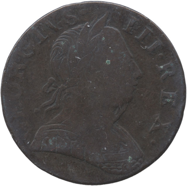 【影打】　イギリス　1/2ペニー銅貨　N.D.(1770-1775)　ジョージ3世(1760-1820)