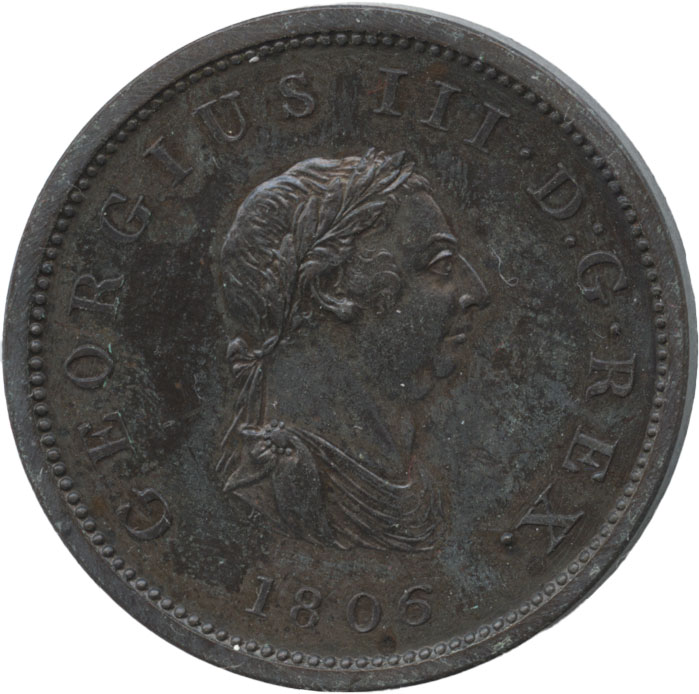 バハマ　1ペニー銅貨　1806　ジョージ3世(1760-1820)　帆船　リストライク/プルーフ未使用品