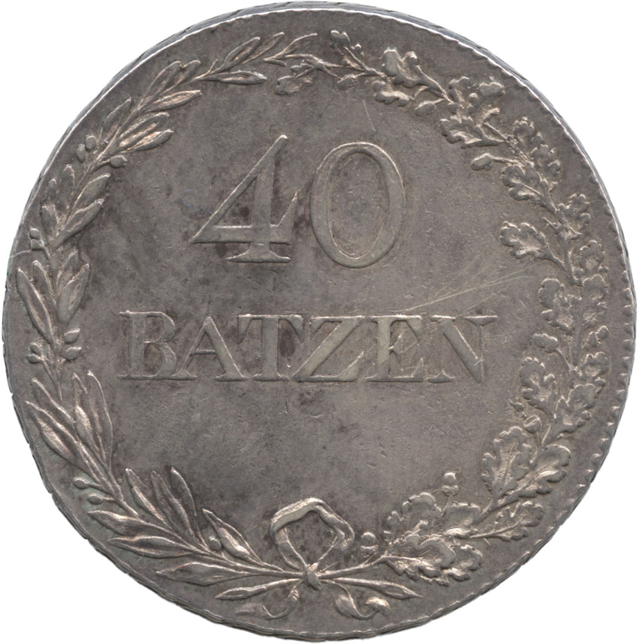 スイス　ルッツェルン　40バッツェン銀貨　1816　カントンテーラー　トーン・極美品