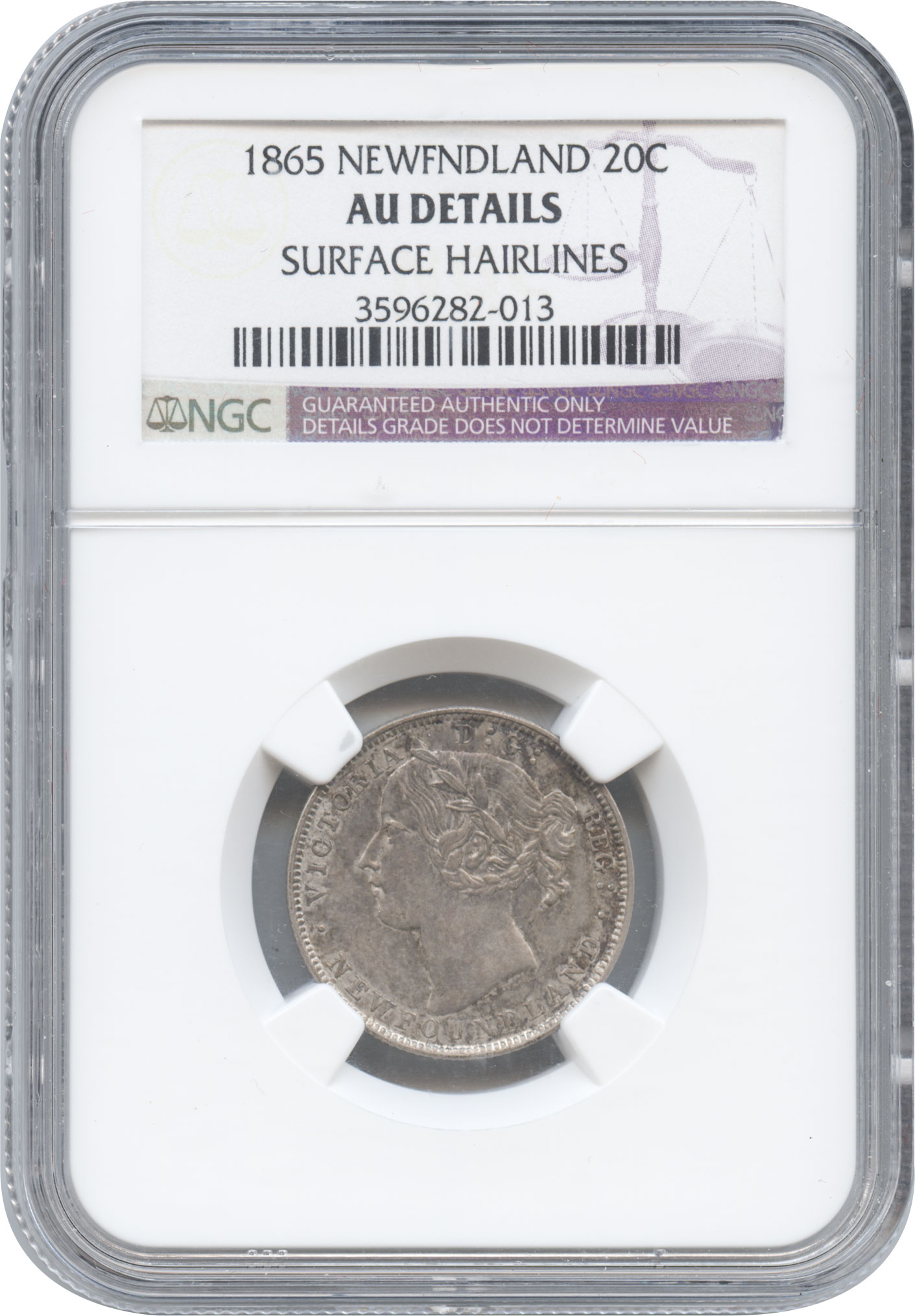 カナダ　ニューファウンドランド　20セント銀貨　1865 ヴィクトリア(1837～1901)  NGC-AU・DETAILS