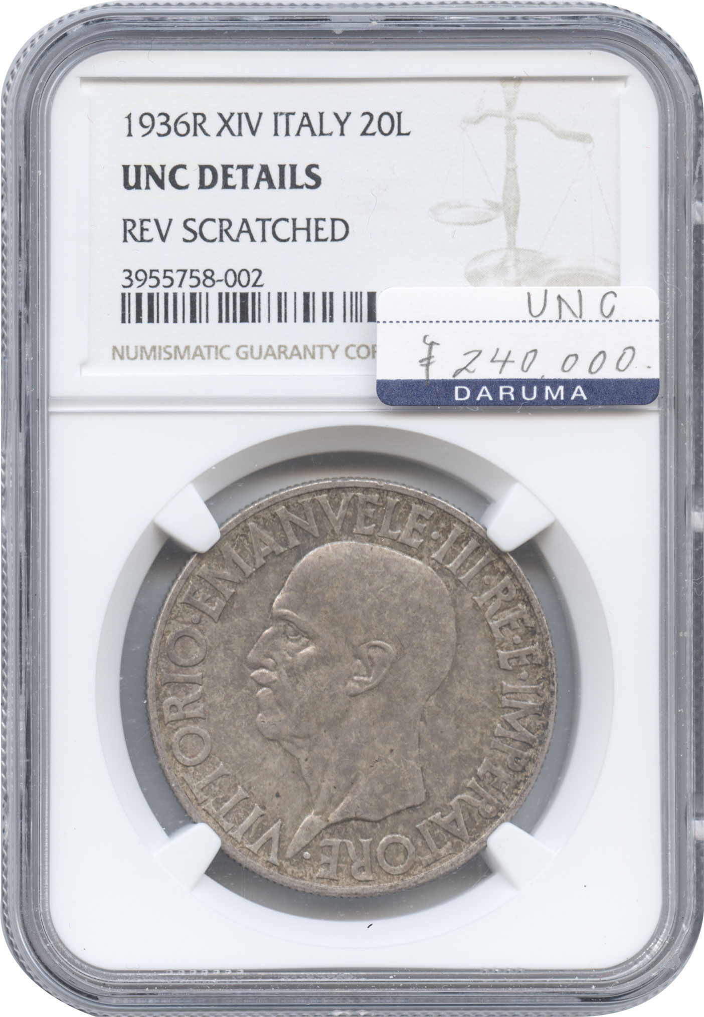 イタリア王国　20リレ銀貨　1936(R)　ヴィットリオ・エマヌエル3世(1900-1946)　クァドリガ　NGC-UNC DETAILS