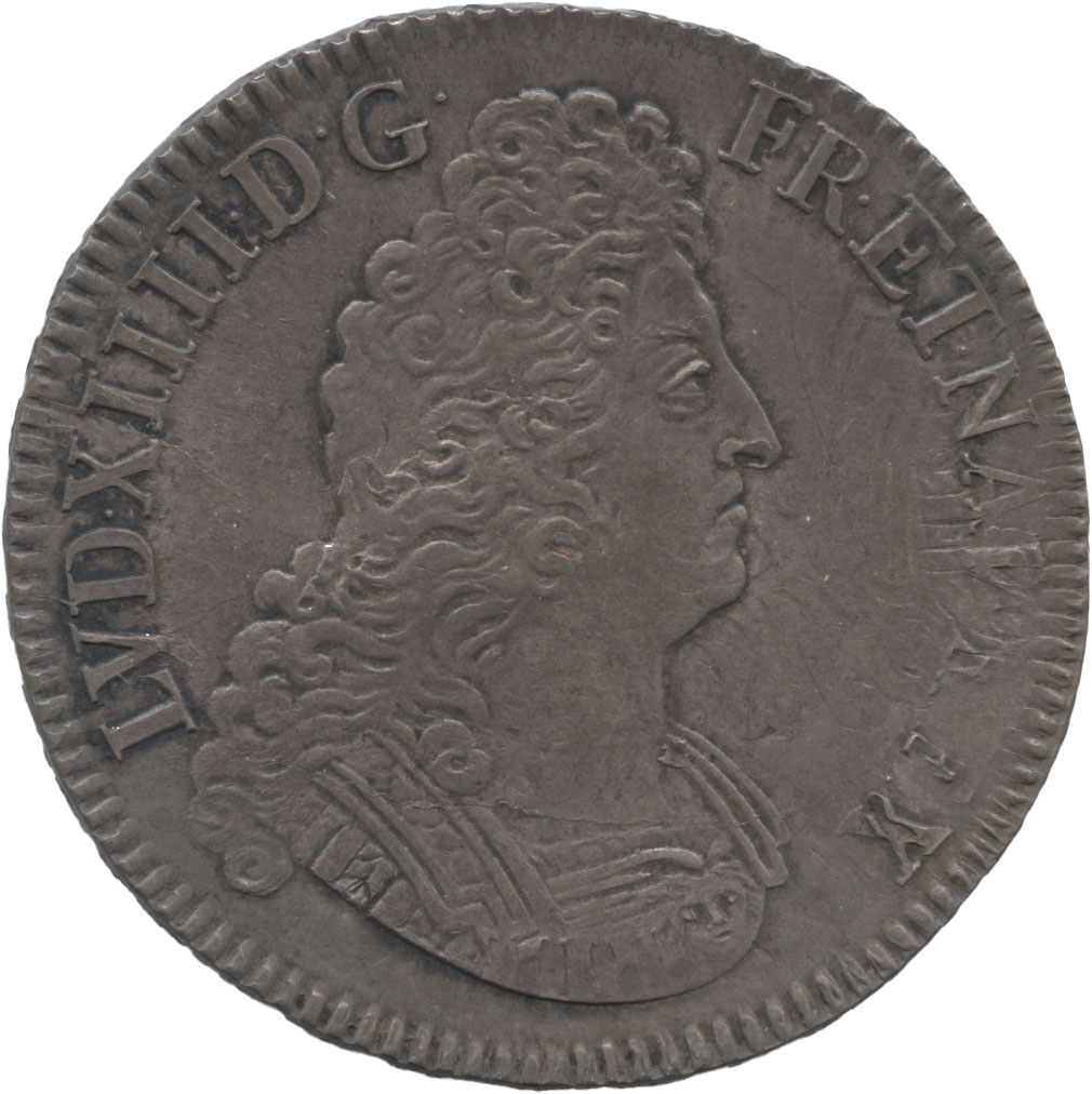 フランス　エキュー銀貨　1704(A)　ルイ14世(1643-1715)　　トーン・準未使用品