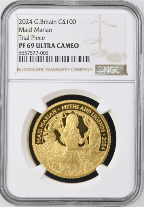 【トライアル・ピース】グレートブリテン 2024年 Myths and Legends メイド・マリアン チャールズ3世 1オンス 100ポンド プルーフ金貨 NGC-PF69 UCAM