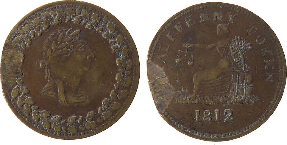 Kanada 1/2 Penny Token 1812 Kupfer Lower Canada, Tiffin Token, Büste nach rechts / Britannia mit Waage und Füllhorn auf Warenballen sitzend nach links, ca.