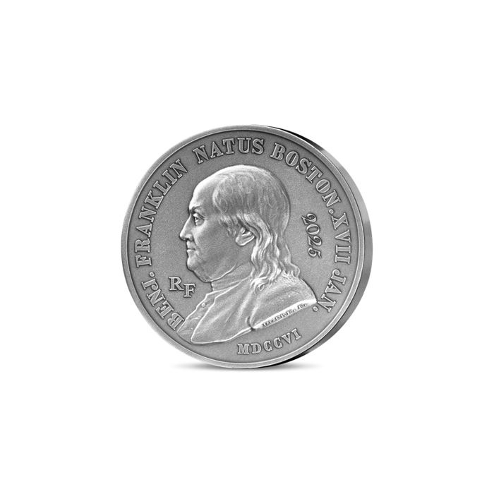 ベンジャミン・フランクリンと有翼のゲニウス 25ユーロ銀貨 ハイリリーフ 2025年