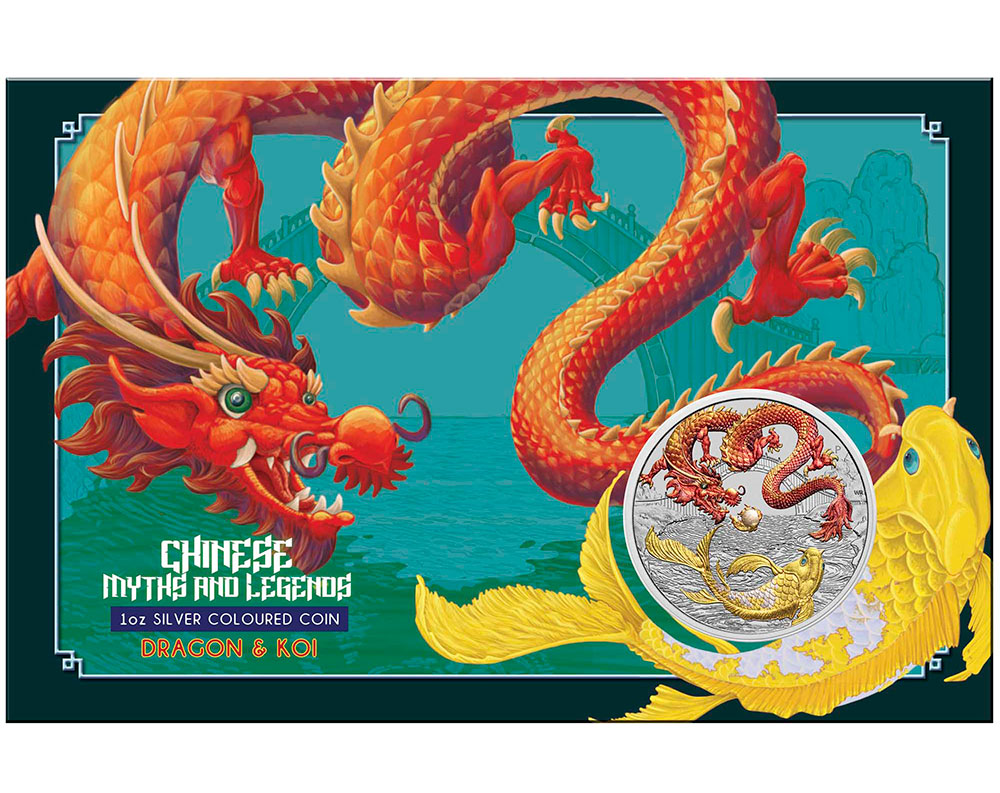 中国神話・伝説 赤龍と金鯉 2023年製 1オンス銀貨（カラー）