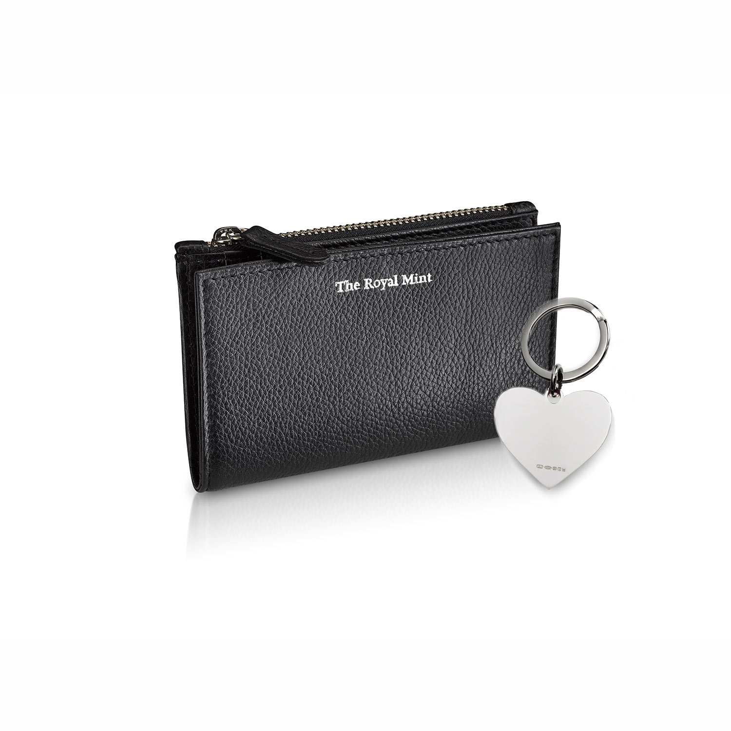 Britannia Black Coin & Card Leather Purse & Silver Heart Key Fob Gift Set