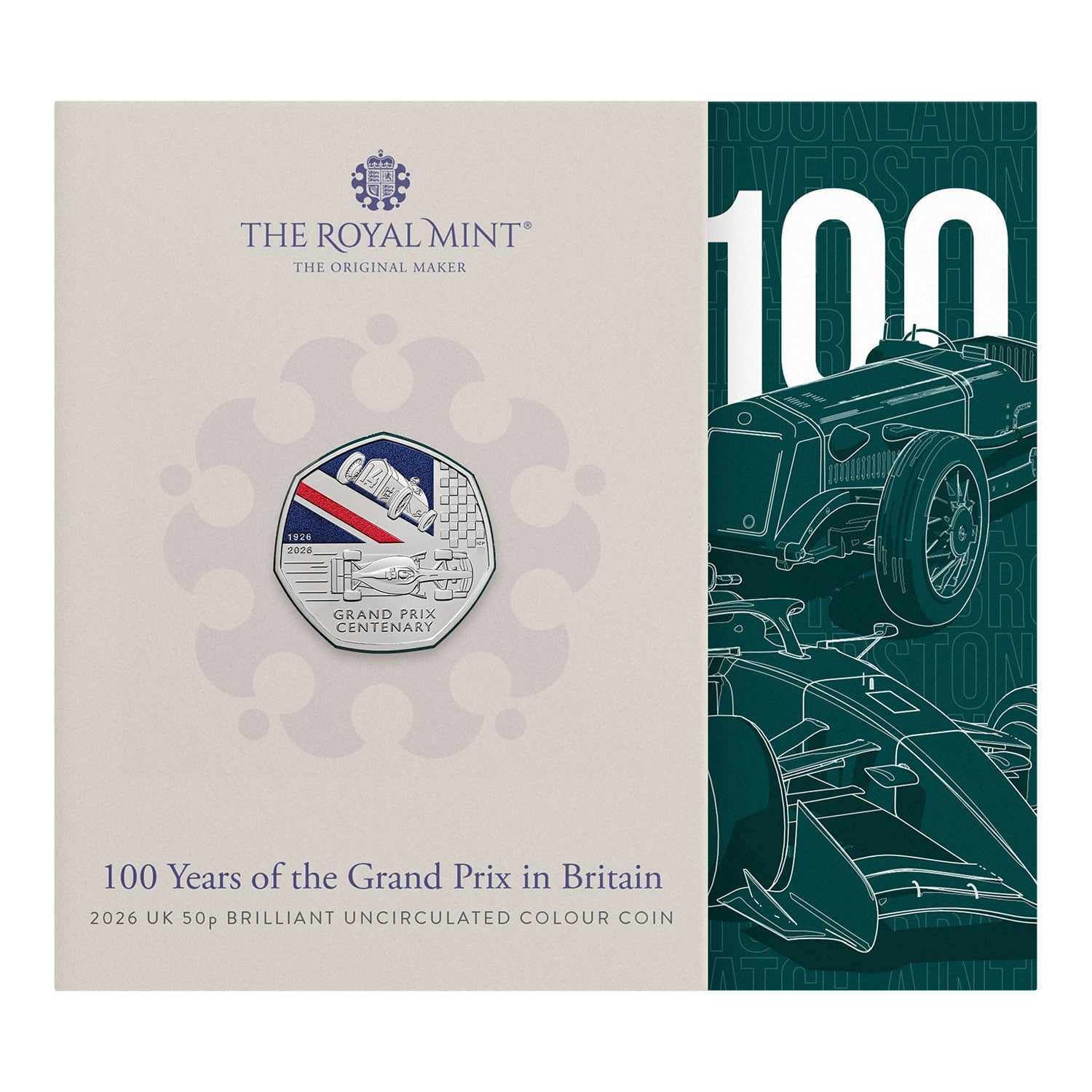 100 Years of the Grand Prix in Britain 2026 UK 50p Brilliant Uncirculated Colour Coin